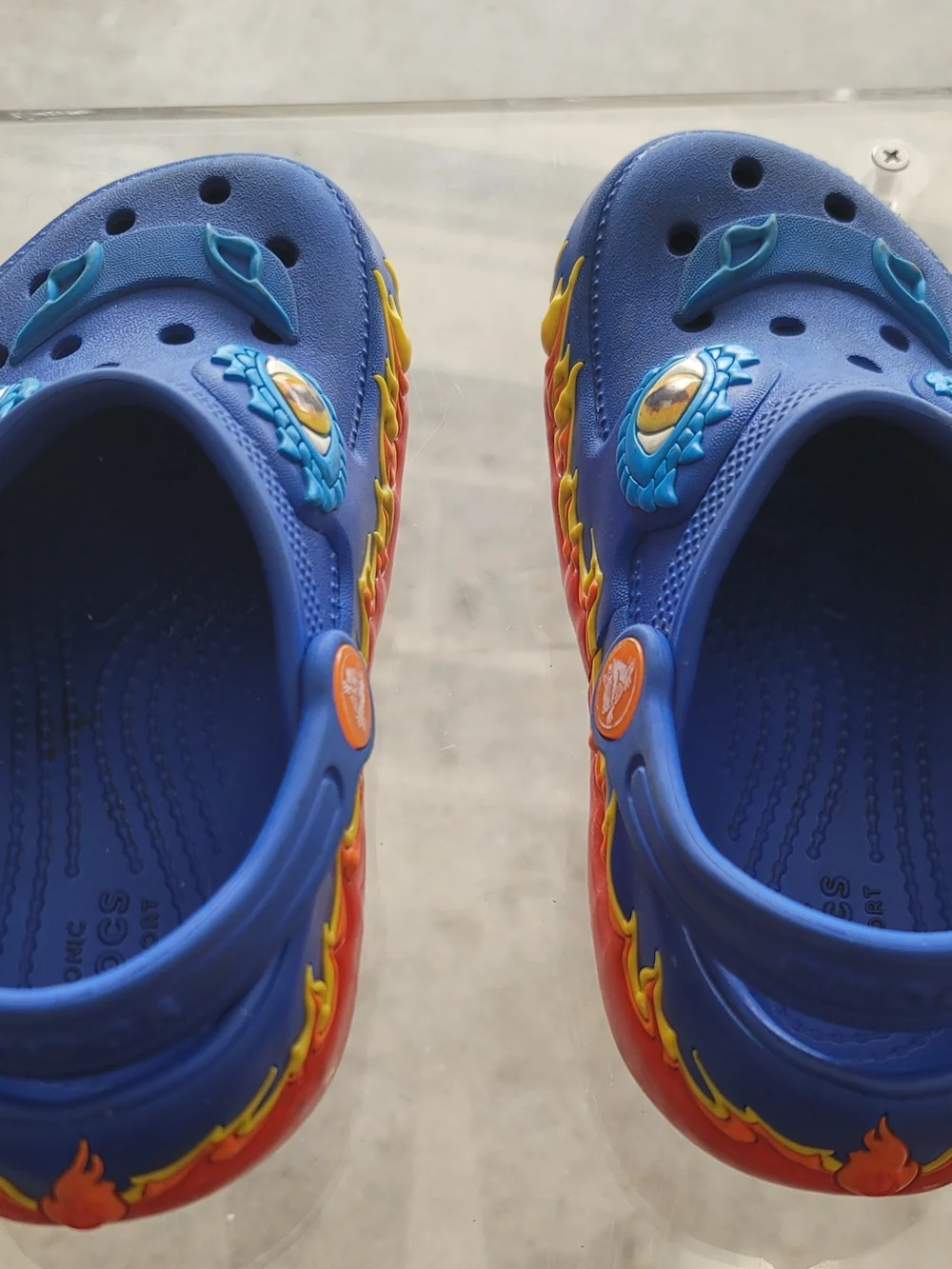 CROCS Kids Blue Dragon Clogs with Red/Yellow Flame Trim